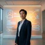 Femme d'affaires en costume devant un affichage numérique de profil LinkedIn abstrait dans un bureau moderne.