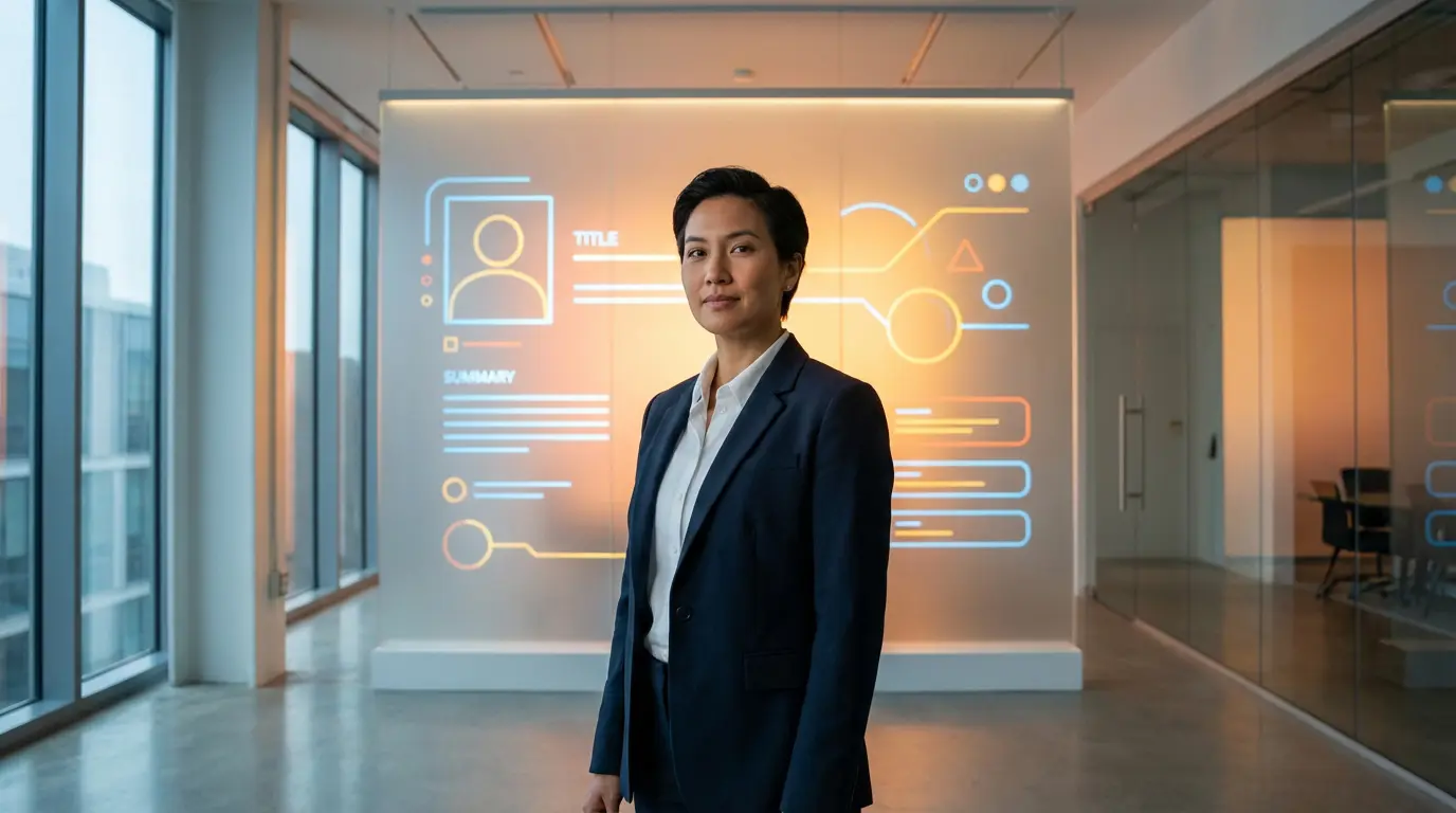 Femme d'affaires en costume devant un affichage numérique de profil LinkedIn abstrait dans un bureau moderne.