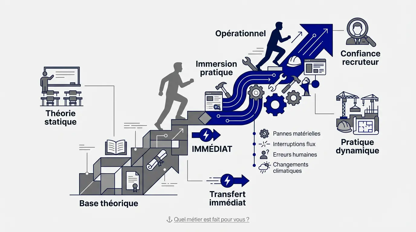 Schéma illustrant le passage de la théorie à la pratique pour booster l'employabilité