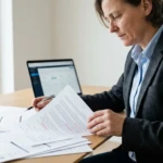 Femme relisant attentivement un dossier avec un stylo, des papiers et un ordinateur. Elle prépare un Projet de Transition Professionnelle.