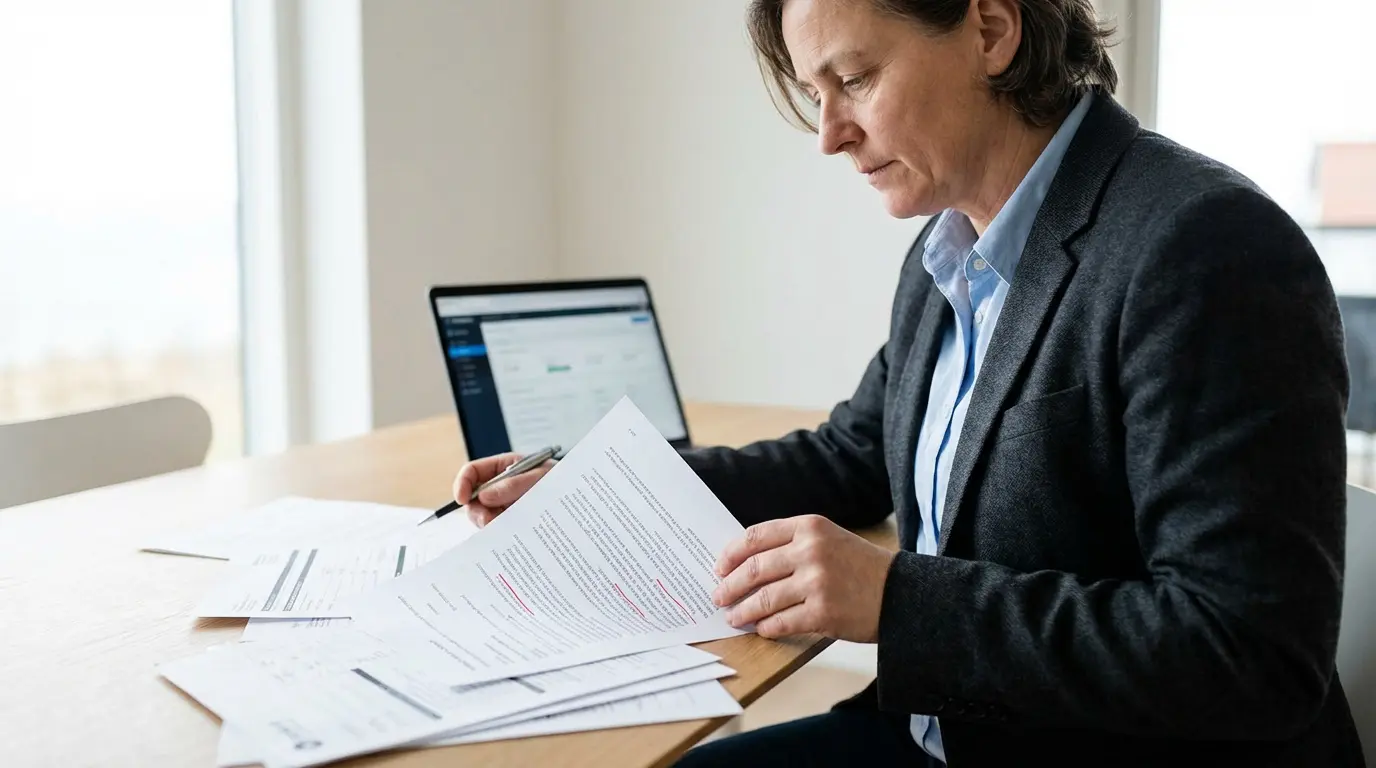 Femme relisant attentivement un dossier avec un stylo, des papiers et un ordinateur. Elle prépare un Projet de Transition Professionnelle.