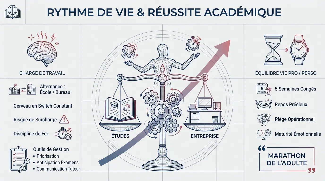 Étudiant jonglant entre ses révisions et ses missions en entreprise