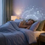 Personne dormant sereinement dans son lit, une projection lumineuse d'un réseau de points s'étendant au-dessus de sa tête, évoquant la consolidation de la mémoire.