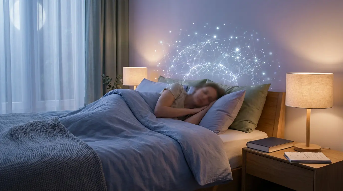 Personne dormant sereinement dans son lit, une projection lumineuse d'un réseau de points s'étendant au-dessus de sa tête, évoquant la consolidation de la mémoire.