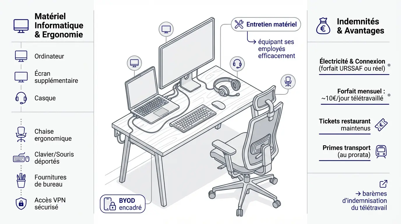 Installation d'un poste de travail ergonomique en télétravail avec ordinateur et accessoires
