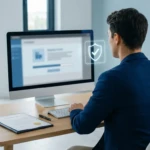 Un homme vérifie une certification RNCP sur ordinateur. Un bouclier avec coche apparaît, symbolisant la validation. Un diplôme est sur le bureau.